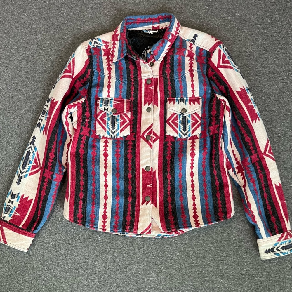 Women Black Arrow Tribal motorcycle jacket with inserts for padding.